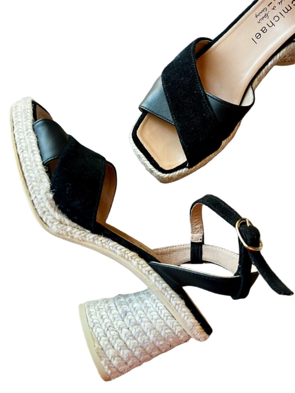 Black Leather Espadrille Block Heel Sandals Size 38 by Eric Michaels worn once